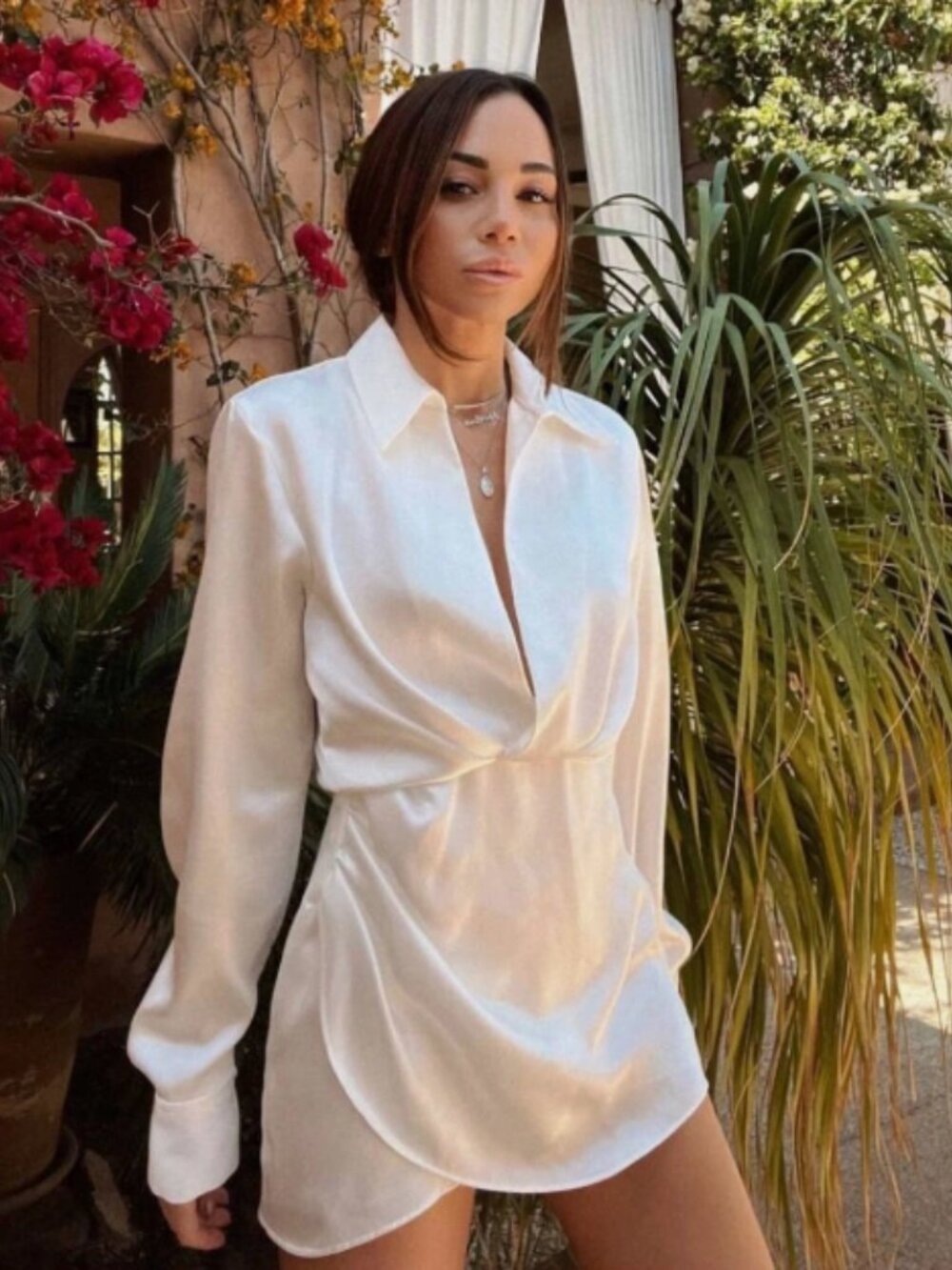 Zara cream white satin long-sleeve mini dress featuring a collared wrap design